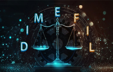 A picture of a balance scale in bright blue teal and gold yellow with the word DIMEFIL around it