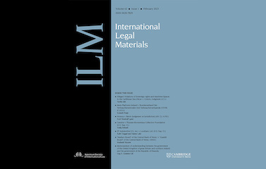 graphic of the International Legal Materials in a light shade of blue with the white font displaying all the topics within the issue